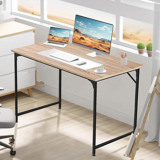 BLKMTY 39" Computer Desk, Home Office Writing Desk Wood PC Study Table Work Desks Modern Simple Style Laptop Table with Metal Frame and Smooth Tabletop for Workstation Bedroom, Nature