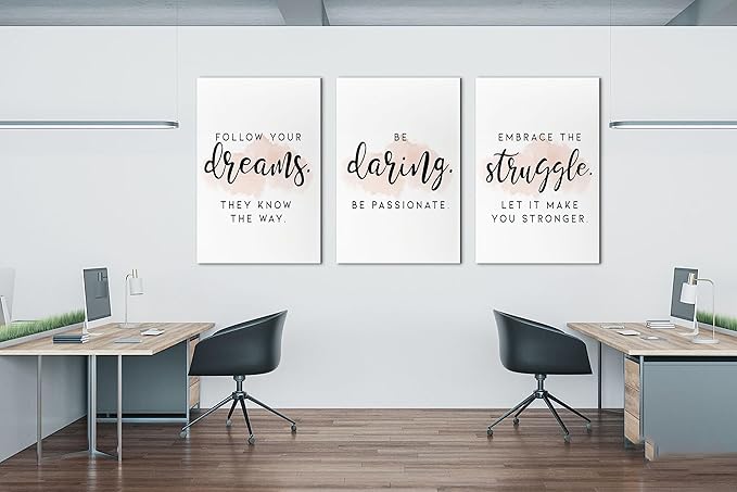 SHMAO Office Canvas Wall Art Motivational Wall Decor, 3 Piece Dreams Daring Struggle Print Pictures for Office Wall Decor Women Inspirational Framed Artwork Home Office Decor 24”x36”x3 Panels