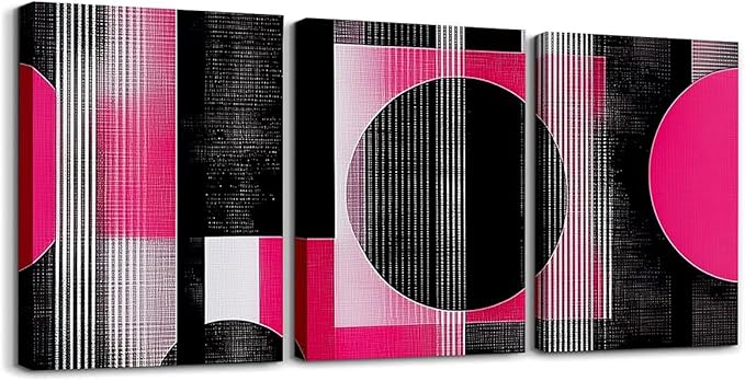 jejeloiu 12"x16"x3pcs Office Decorations Artwork Posters Modern Geometric 3 Piece Canvas Wall Art for Living Room Bedroom Hot Pink Abstract Art Picture Wall Decor