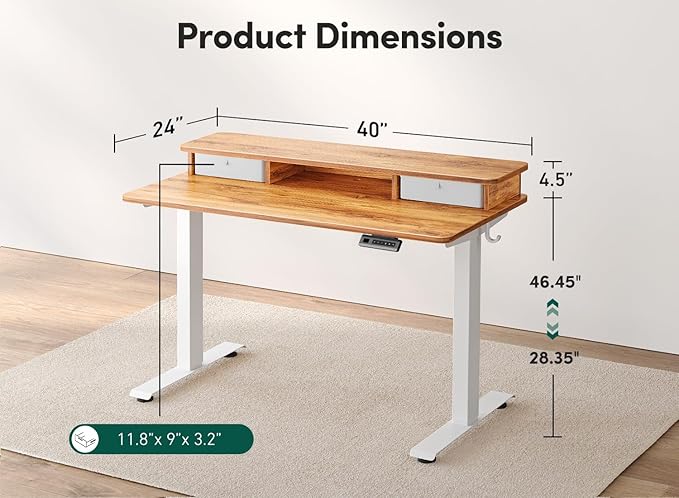 FEZIBO 40 x 24 Inch Height Adjustable Electric Standing Desk with Double Drawer, Computer Desk, Home Office Stand Up Table with 4 Height-Adjustable Feets & 2 Hooks, Light Rustic