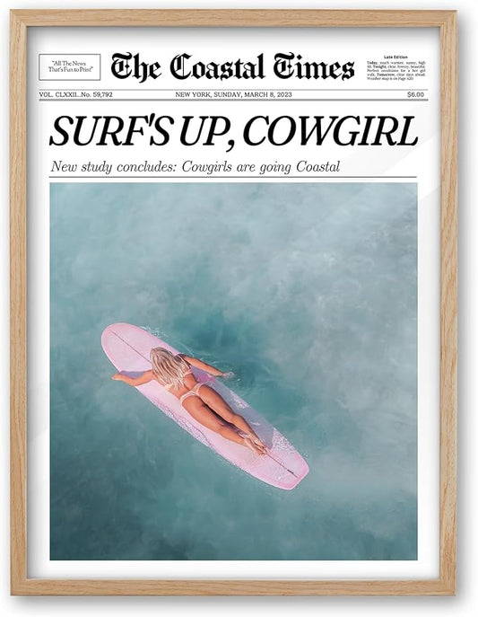 iHery Small Framed Coastal Trendy Cowgirl Wall Art Decor, Natural OAK Wood 8x10in Canvas Newspaper Retro Bedroom Wall Art,Surfer Up Vintage Bar Cart Home Decor For Dorm Living Room 1Pack