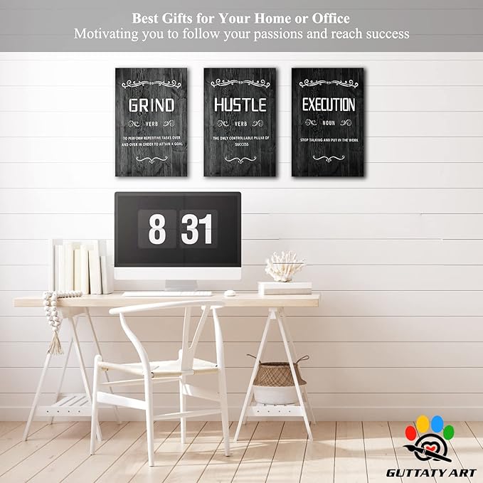 Office Wall Art - 3 Panel Motivational Wall Art, Inspirational Quotes Canvas Art for Home Office Wall Decor, Positive Quotes Wall Decor, Entrepreneur Grind Hustle Execution Poster Frame (12”x18”x3Pcs)