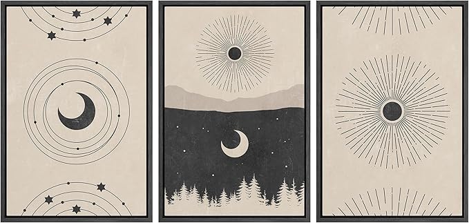 IDEA4WALL Framed Canvas Print Wall Art Set Crescent Moon Shining Sun Forest Galaxy Astronomy & Space Nature Illustrations Modern Art Rustic for Living Room, Bedroom, Office - 16"x24"x3 Black