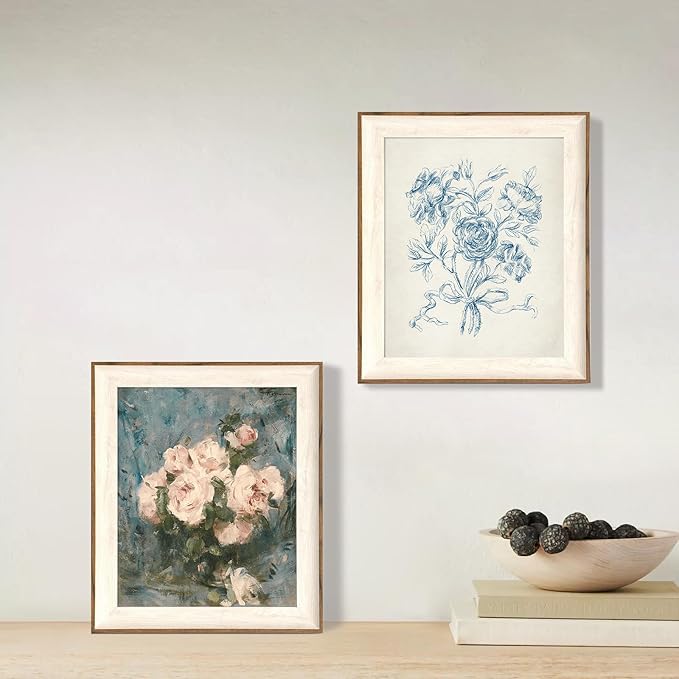 ASTRDECOR Framed Vintage Wall Art for Bathroom, Botanical Blue Wall Art for Home Decor Aesthetic, Victorian Blue Rose Bouquet Sketch Painting Floral Canvas Art Prints, Antique Flower Pictures for Living Room - 10''x12''