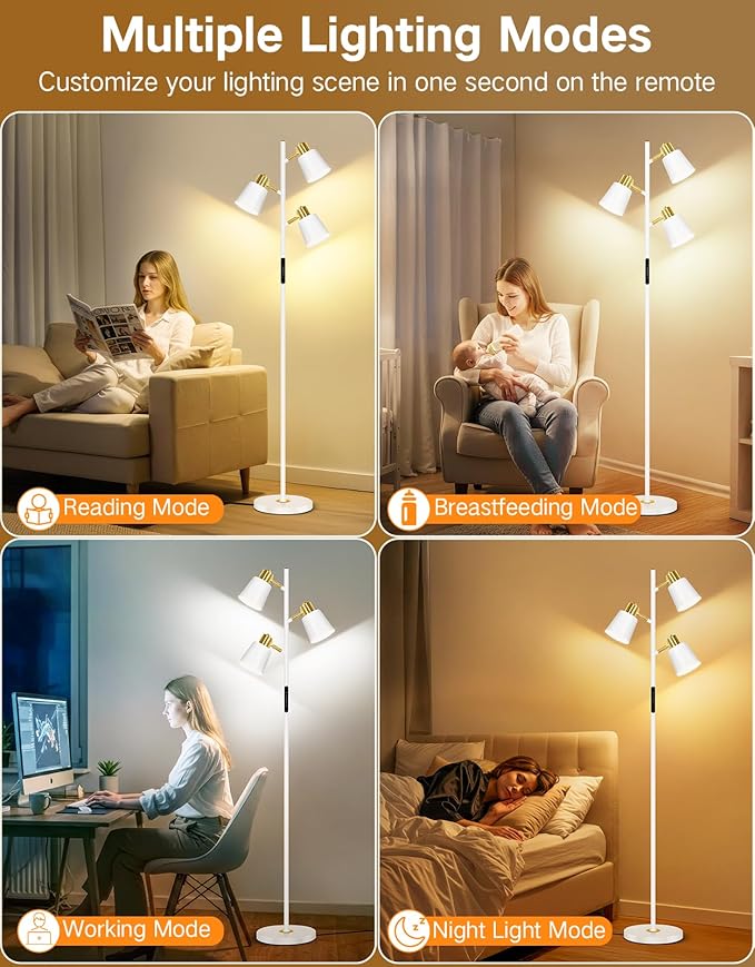 OUTON Tree Floor Lamp, LED Dimmable Floor Lamp with Remote and Touch Slide Control, 4 Color Temperatures, 3 Rotatable Lights, Modern Standing Lamp for Living Room Bedroom Office,White & Gold