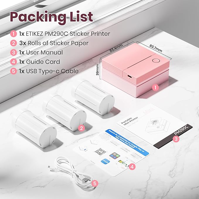 Sticker Printer, PM290C Portable Mini Printer, Inkless Bluetooth Sticker Maker with 3 Rolls Paper, Impresora Portátil for Notes, Journal, DIY, Gift, Print Pod for School/Office/Home, Pink