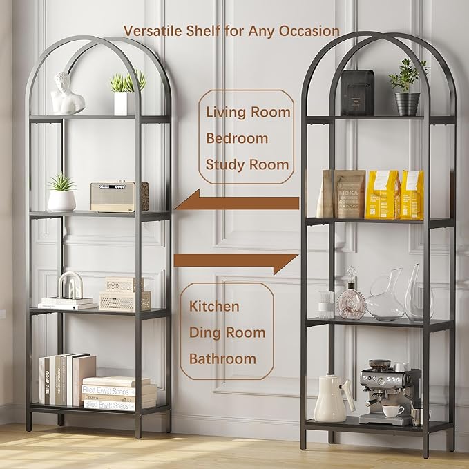 Bookshelf Arched Bookcase, 4 Tier Open Shelves with Metal Frame, Tall Freestanding Display Shelf for Home Office, Living Room,Easy Asssemble, Black