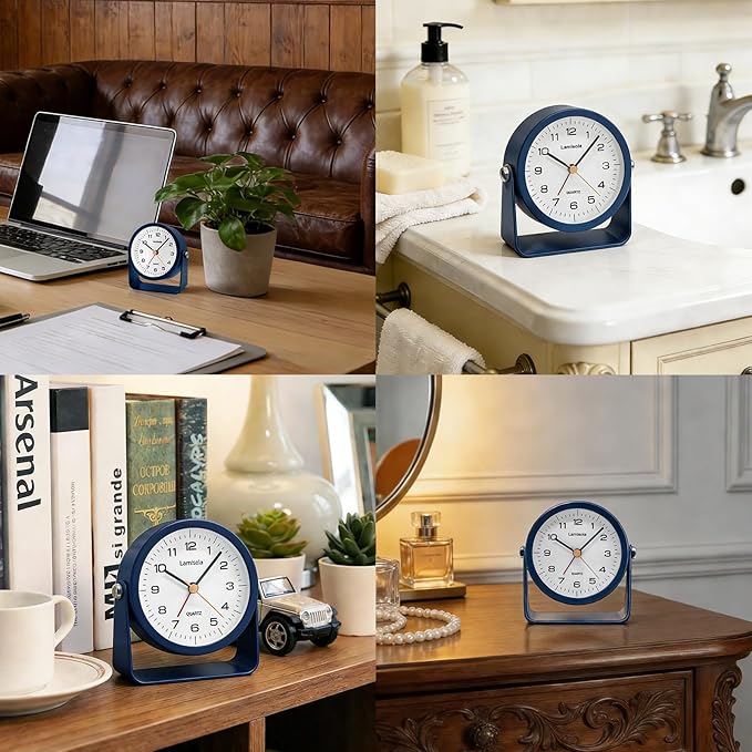 3.5 Inch Small Desk Alarm Clock, Battery Operated Analog Silent Clock with Night Light, Retro Vintage Metal Bedside Clock for Bedroom, Office, Bathroom, Dorm, Shelf, Table -Navy Blue