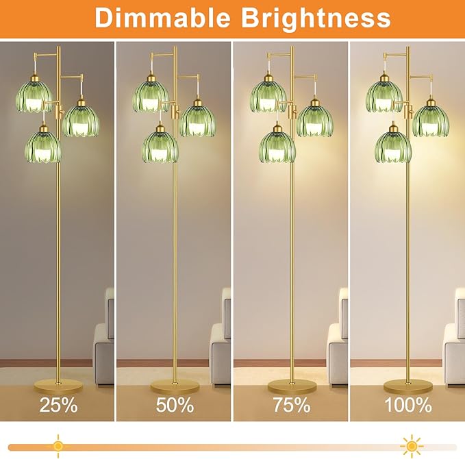 Dimmable Floor Lamps for Living Room-3 Light Gold Floor Lamp with Three Bulbs & Glass Lampshape, Mid Century Modern Standing Lamp Tree Tall Flower Floor Lamp for Bedroom Living Room,Corner