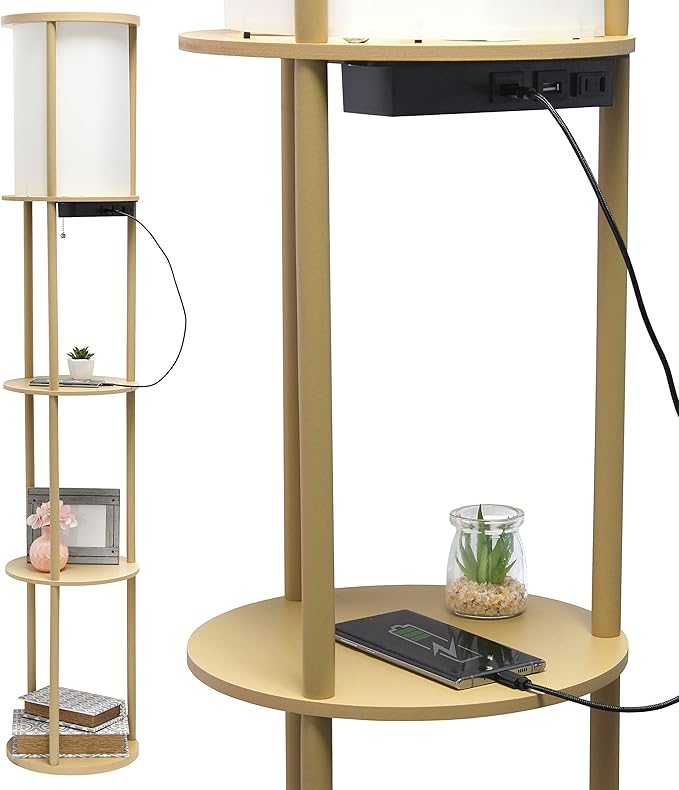 Simple Designs LF2010-TAN 62.5" Round Modern Shelf Etagere Organizer Storage Floor Lamp with 2 USB Charging Ports, 1 Charging Outlet and Linen Shade for Living Room Bedroom Office, Tan