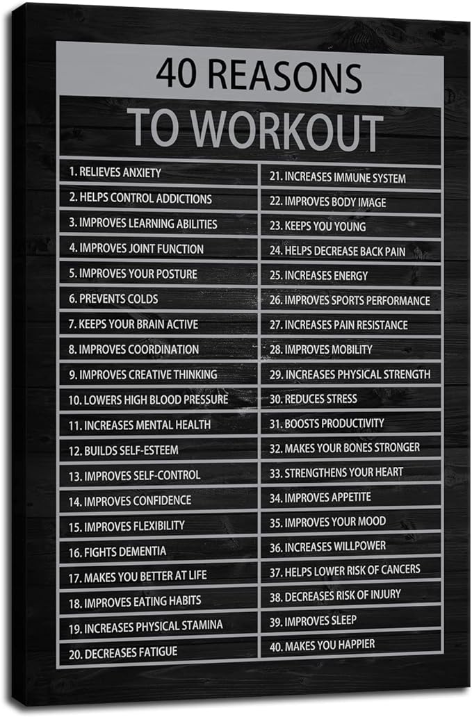 40 Reasons to Workout Motivational Quotes Exercise Wall Art Inspirational Fitness Painting Prints on Canvas Inspiring Posters Pictures Print Artwork Decor for Home Office Gym[24''W x 36''H]