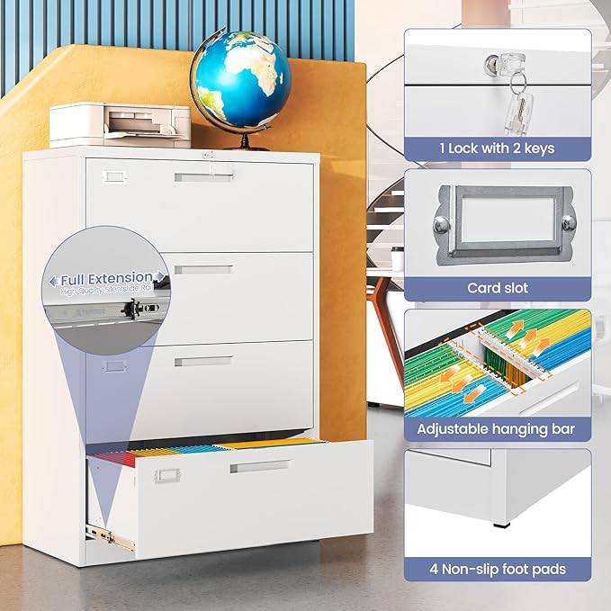 4 Drawer File Cabinet, Locking Lateral Filing Cabinet for Home Office, File Cabinets with Business Card Holder for Letter/Legal/F4/A4 Hanging Files
