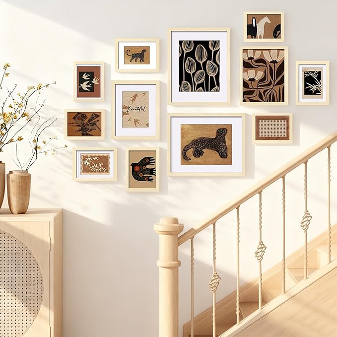 Egofine Picture Frame Set 12 Pack, Picture Frames Collage Wall Decor with Two 11x14, Two 8x10, Four 5x7, Four 4x6 for Wall and Tabletop, Made of Solid Wood, Covered by Plexiglass, Natural Wood
