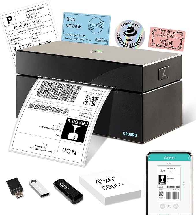 ORGBRO Bluetooth Thermal Shipping Label Printer, Z1-Plus Wireless 4X6 Shipping Label Printer for Small Business Office or Home Support iPhone Android Windows macOS Chrome Amazon Shopify USPS