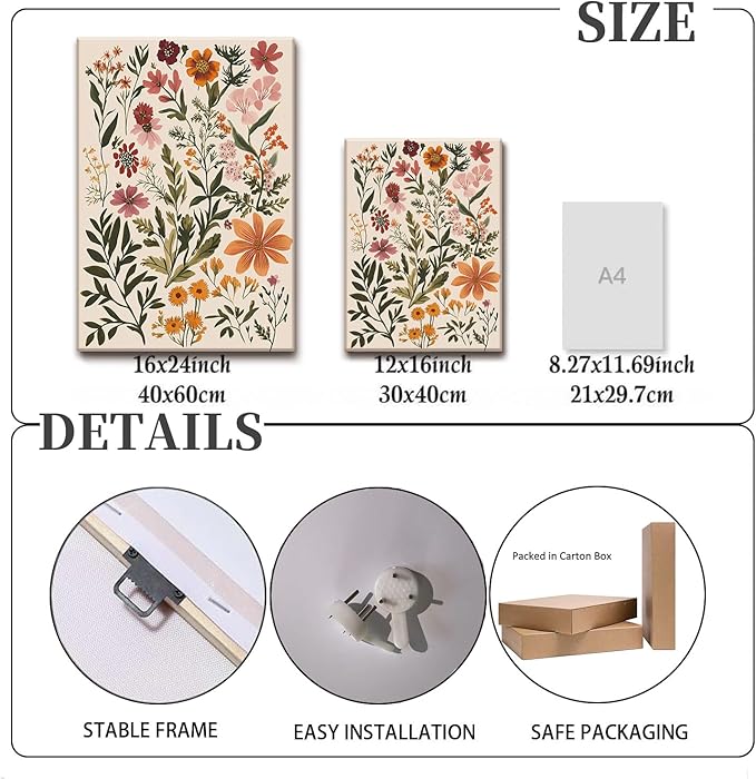 KISSFOX 3 Piece Boho Floral Canvas Wall Art For Bedroom Cottagecore Wild Flower Wall Art Colorful Nature Modern Botanical Art Prints For Nursery Living Room,16x24 in