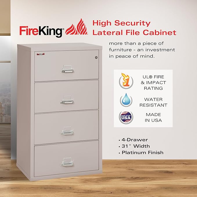 FireKing Fireproof Lateral File Cabinet (4 Drawers, Impact Resistant, Water Resistant), 31" x 22" D, Platinum, Made in USA