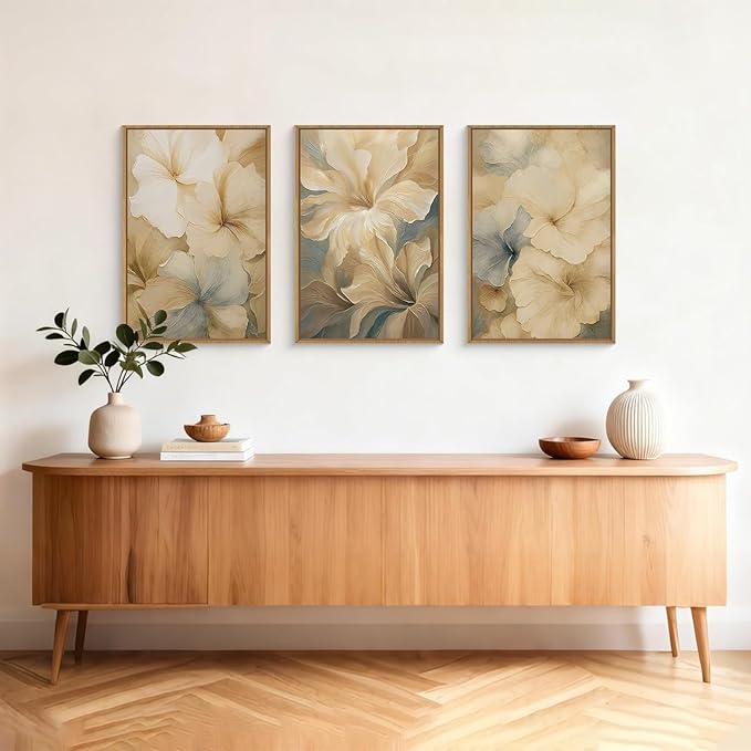 KAIRNE Abstract Floral Wall Art Set of 3, Modern Neutral Flower Prints, Boho Botanical Artwork for Living Room Bedroom Office, 24×36inch