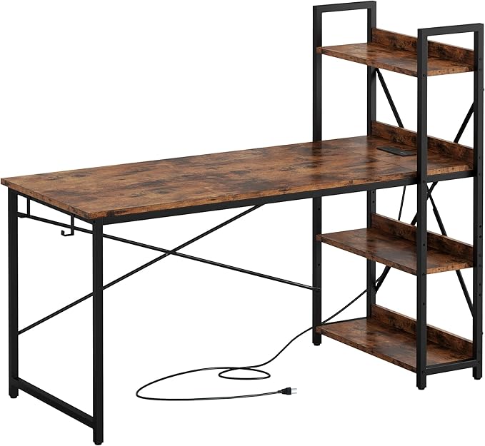 IRONCK Computer Desk 55" with Power Outlet and Storage Shelves, Study Writing Table with USB Ports Charging Station, PC Desk Workstation for Home Office, Rustic Brown