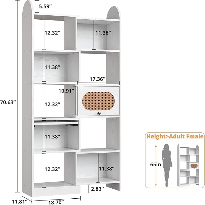 IRONCK Bookshelf and Bookcase with 2 Rattan Design Flip-top Storage Cabinets, 6 Tier 8 Cube Bookcases Storage Shelves Organizer for Living Room, 35.4" White