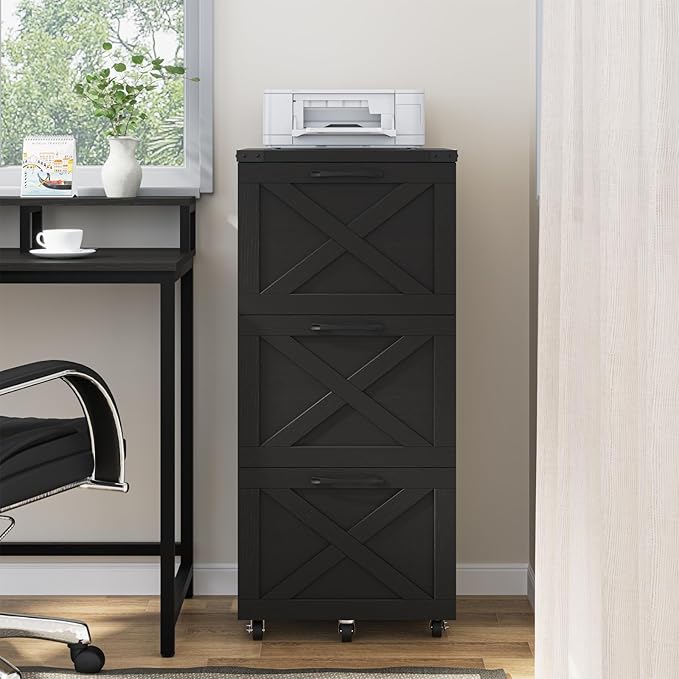 3 Drawer Tall File Cabinet with Wheels, Farmhouse Vertical Filing Cabinet Fits Letter/A4 Size, Rolling File Cabinets Wooden Printer Stand for Home Office, Black