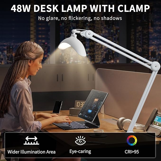 Upgraded 22" LED Desk Lamp with Clamp, 48W CCT Dimmable Home Office Lighting, Remote & Touch Control Swing Arm Task Light for Reading, Study, Drafting, Nail Art & Crafts, White