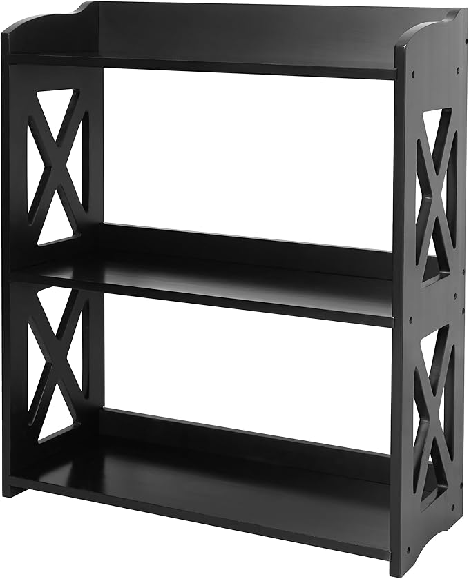 Black Bookcase by Natural Wood, 3 Tier Bookshelf, Small Book Shelves Freestanding Display Storage Shelves. Open Bookshelf for Bedroom, Living Room and Office (Black, 3 Tier)