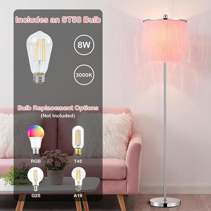 Modern Floor Lamp with Pink Tassel Lampshade for Girls Room, 63" Tall Fringe Standing Bedroom Lamp with Soft Lighting, Boho Stand Up Corner Pink Lamp for Living Room（Bulb Included）