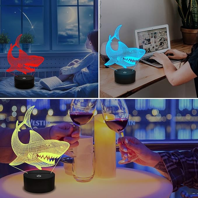 FULLOSUN Shark 3D Illusion Night Light Animal Touch Table Desk Lamp, with Remote Control 16 Colors Optical USB LED Nightlight for Kids Holiday Gift Room Decoration