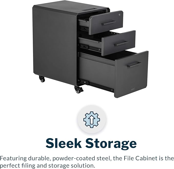 Vari Three Drawer File Cabinet - Mobile Filing Cabinet for Home or Office - Hanging File Storage - Lockable Drawers with Heavy-Duty Steel and Rolling Casters - Charcoal Grey