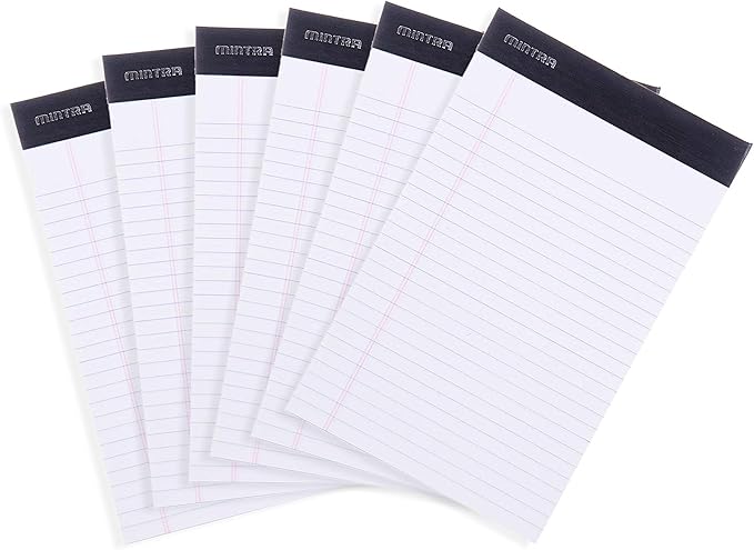 Mintra Office White Legal Pads – Ruled Notepads and Micro-Perforated Sheets, Ideal for Writing, Note-Taking & Creativity, Office, or Professional Use, Basic Pad 6 pack, 5"x8" (Narrow Ruled)