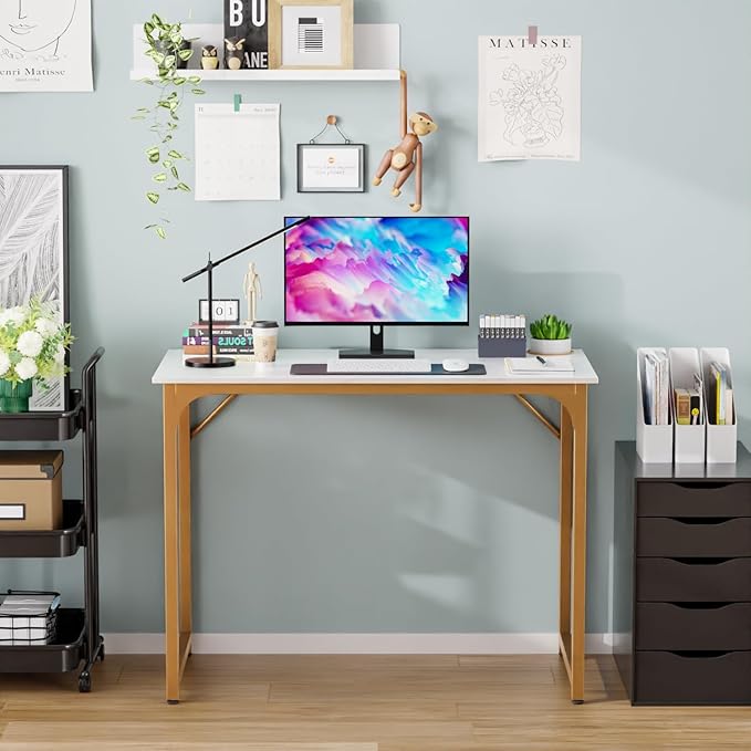 Computer Desk, 39 Inch Office Desk with Metal Frame, Home Office Desk, Modern Simple Style for Small Space Home Office, Living Room, Bedroom, White Gold