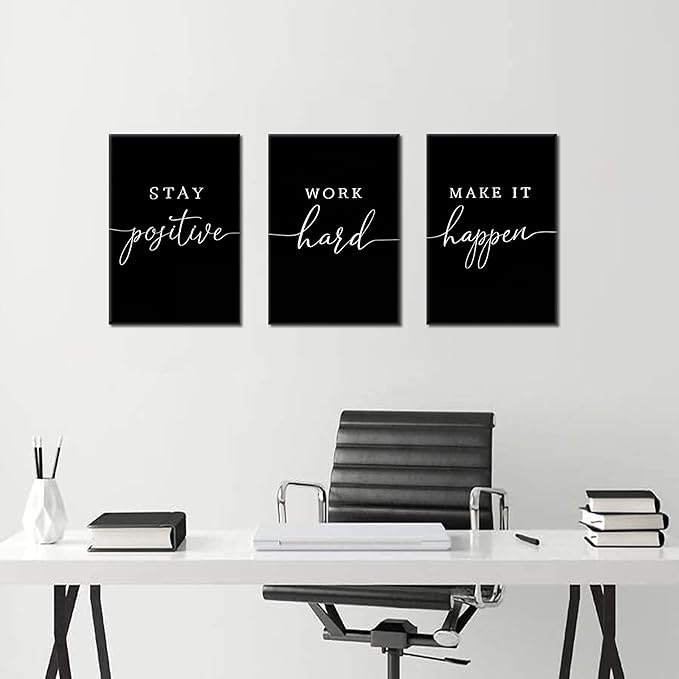 Motivational Office Wall Art Canvas Prints Set of 3 – Stay Positive Work Hard Make It Happen, Modern Positive Quotes Wall Decor for Home Office Living Room Bedroom Decor 12x16 inch Framed