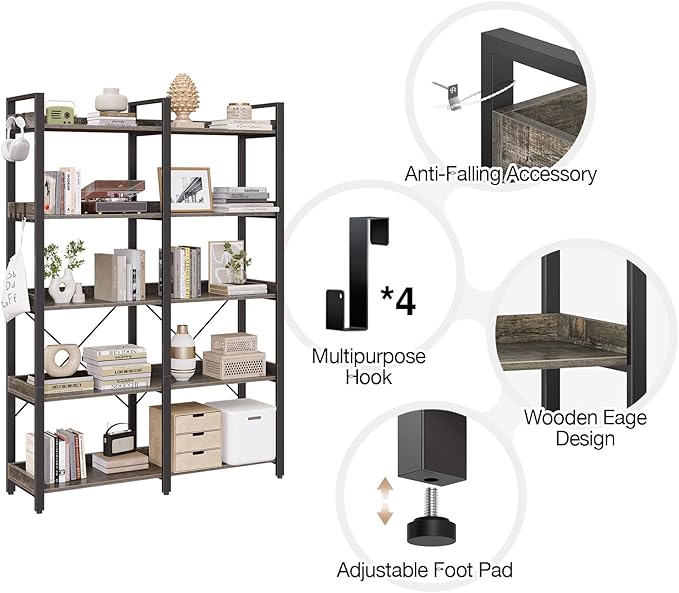 Seventable Bookshelf 5 Tier with 4 Hooks，63”Industrial Wooden Bookcase, Vintage Storage Rack with Open Shelves, Rustic Standing Bookshelves Metal Frame 43.3” Wide Display Rack, Gray