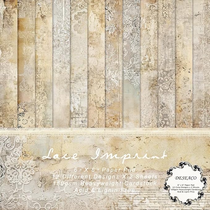 24 Sheets Vintage Lace Scrapbooking Paper Pad 6x6, Neutral Aged Background Craft Paper for Adult Journaling, Card Making, Collage & DIY Scrapbook Projects
