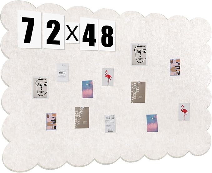 Scalloped Felt Bulletin Board 72 x 48 Inches Foldable Beige Pin Cork Board Alternative for Wall, 6' x 4' Trifold Picture Vision Self Adhesive Bulletin Decorative