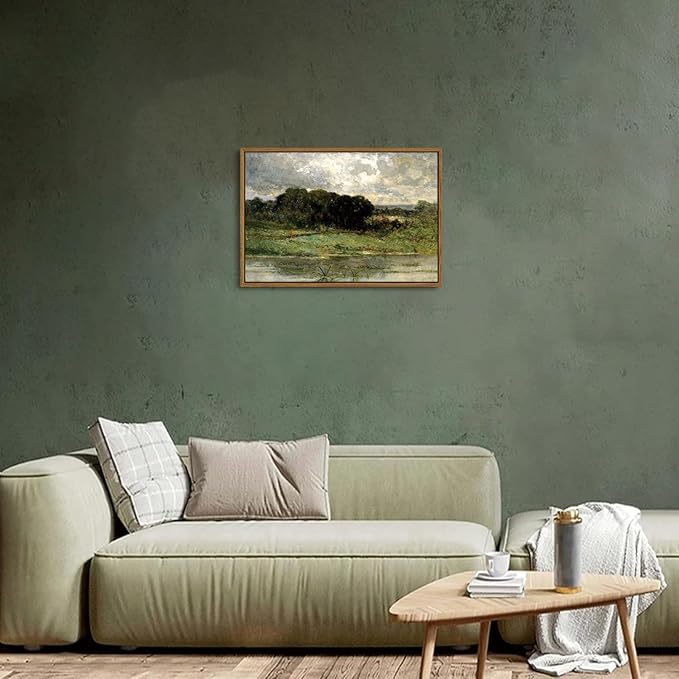 OIQArtOIQ Framed Vintage Landscape Wall Art Lake Natural Scenery Oil Painting Canvas Prints Country Farmhouse Decor Aesthetic Pictures for Kitchen Bedroom Living Room Bathroom