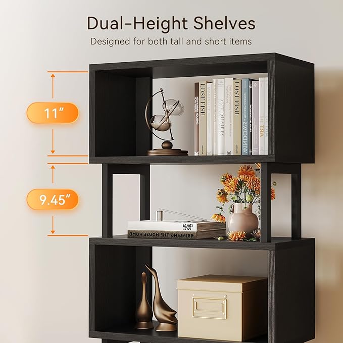 Casaottima 7 Tier Bookshelf, Tall Geometric Bookcase with Fabric Drawers, Modern Display Book Shelves Book Case for Living Room Bedroom, Wood Decorative Standing Shelving Unit for Home Office, Black
