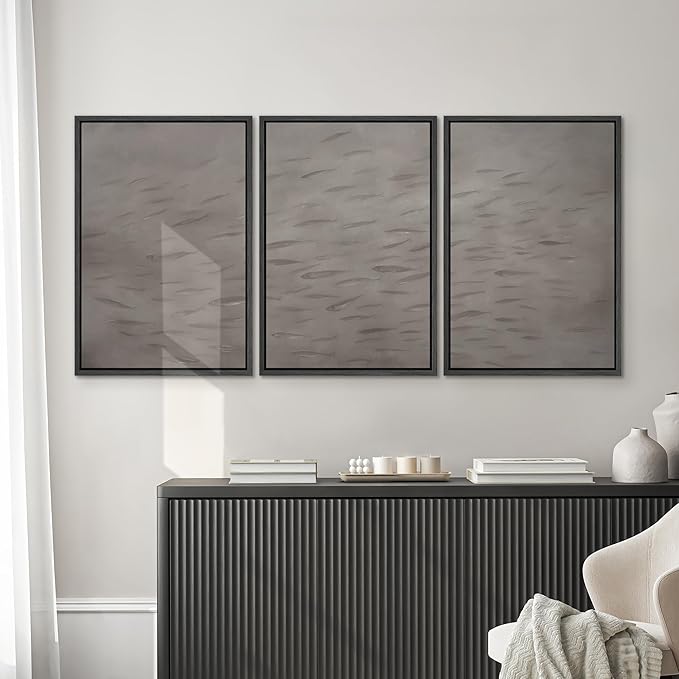 SIGNWIN Framed Canvas Print Wall Art Set Minimalist Fish Shoal Pattern Subtle Gray Underwater Illustrations Modern Art Decorative Abstract for Living Room, Bedroom, Office - 16"x24"x3 Black