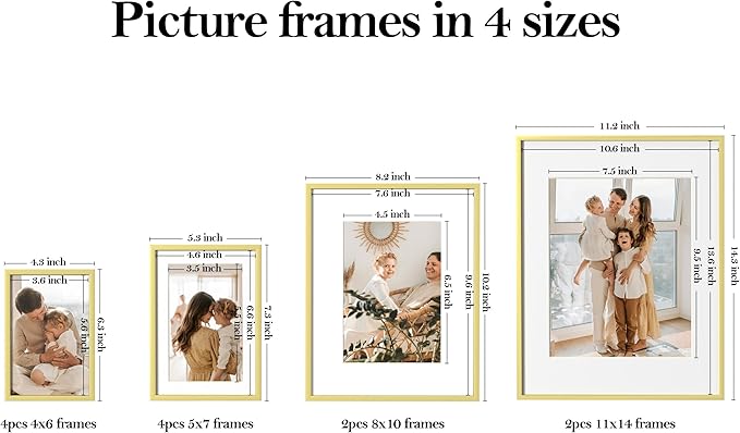 eletecpro Aluminum Gallery Wall Frame Set of 12, Including 2Pcs 11x14, 2Pcs 8x10, 4Pcs 5x7, 4Pcs 4x6 Photo Frames for Wall or Tabletop Display, Multiple Sizes Picture Frames Collage Wall Decor, Gold