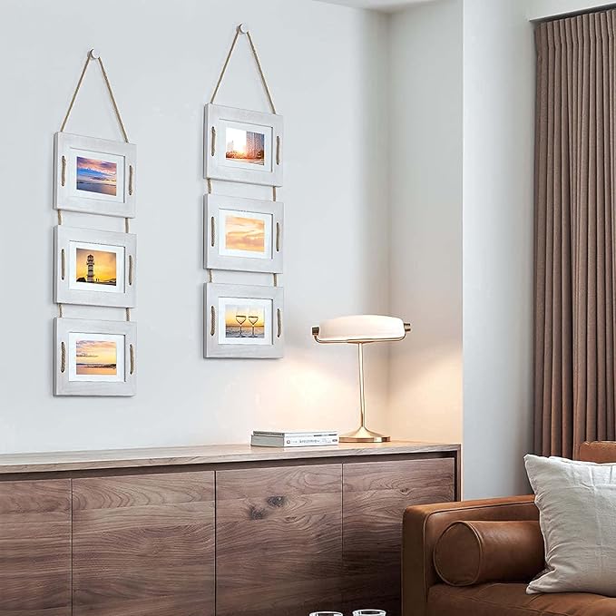 DLQuarts 5x7 Hanging Picture Frames Collage Wall Decor, 3-Opening Photo Frame 5x7 Without Mat & 3.5x5 with Mat, Rustic Wood 3-Frame, Vintage White