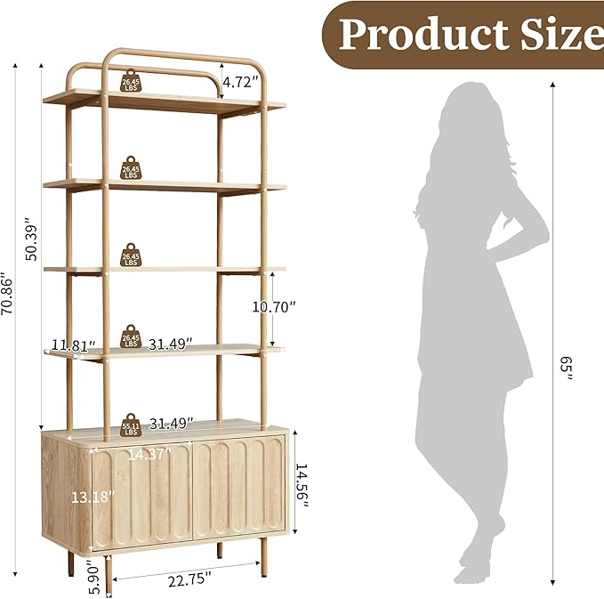 71" Tall Bookshelf with Door, 6-Tier Bookcase Modern Metal Book Shelf with Open Shelves & Adjustable Footpad Freestanding Storage Cabinet for Living Room, Home Office (Natural)