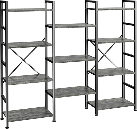 SUPERJARE Triple Bookshelf, Bookcase with 11 Open Display Shelves, Wide Book Shelf Book Case for Home & Office, 4 Tier, Grey