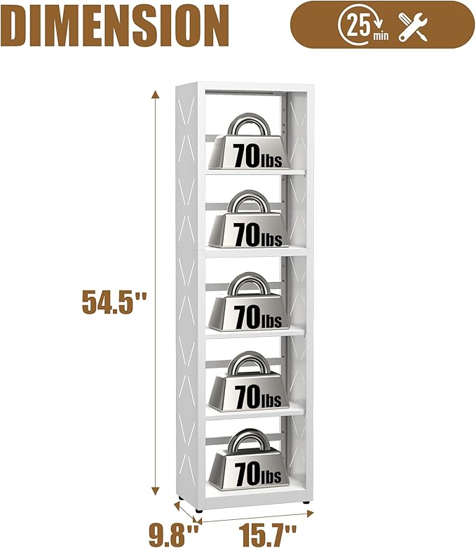 5 Tier Bookshelf, 55"Tall Metal Bookcase with Adjustable Shelves, Modern Display Book Shelf, White Bookcase Shelf, Utility Shelf, Storage Shelves for Office, Living Room, Kitchen, Study-16"W