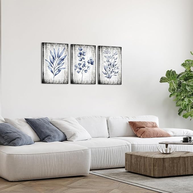 Conipit Navy Blue Botanical Painting Rustic Botanical Wall Art Canvas Minimalist Blue White Leaf Plant Artwork Prints Framed For Living Room Bedroom Wall Decor 16''X24''X3pcs