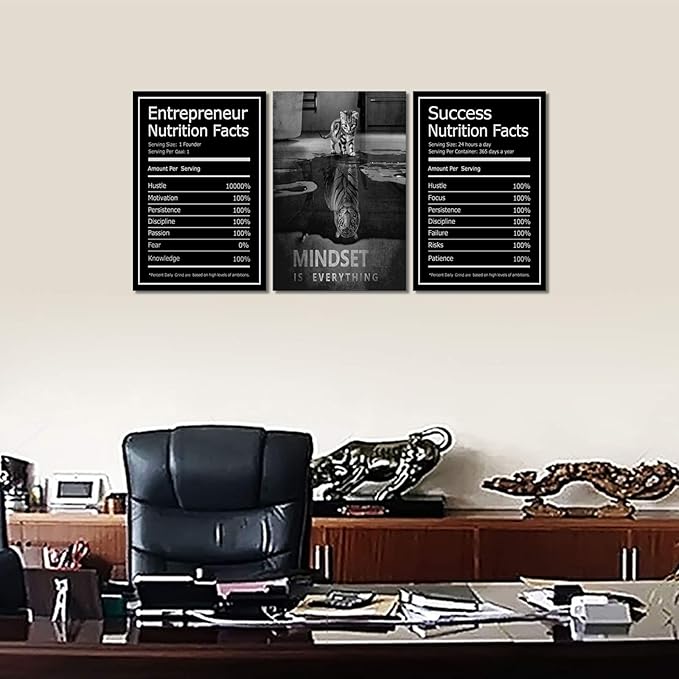 Mindset is Everything Wall Art Motivational Canvas Painting Wall Art Poster Prints Entrepreneur Bundle Set 3 Pieces Success Nutrition Facts (72" W x 36" H, Mindset)