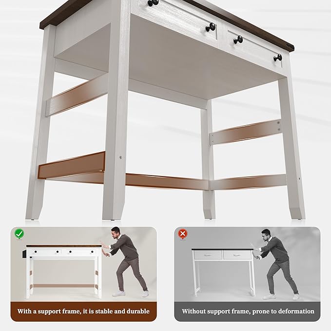 EnHomee Computer Small Desk with Power Outlets, White Desk with 2 Drawers, Small Study Writing Table with Stable Frame for Home Office, Modern Simple Vanity Desks for Bedroom