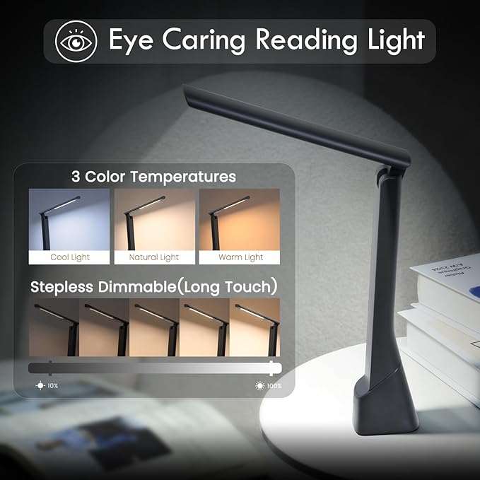 WILIT Rechargeable LED Desk Lamp with Torch Light for Office Home,Cordless Battery Operated Table Lamp with 3 Colors Dimmble Stepless,Eye-Caring Desk Light,Touch Control Lamp for Camping Reading Study