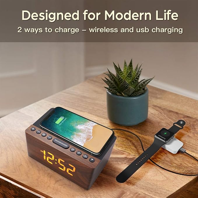 ANJANK Wooden Digital LED Alarm Clock FM Radio, Fast Wireless Charger Station for iPhone/Samsung Galaxy, 5 Level Dimmer, USB Charging Port, 9 Sounds, Sleep Timer for Bedroom, Bedside, Desk
