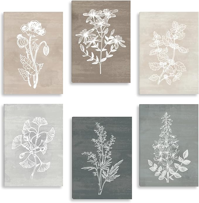 BINCUE Neutral Botanical Plant Canvas 6 Pieces Rustic Farmhouse Wall Art Natural Botanical Canvas Artwork Farmhouse Decor Boho Wall Art for Living Room Bedroom Bathroom Office 12"x 16"