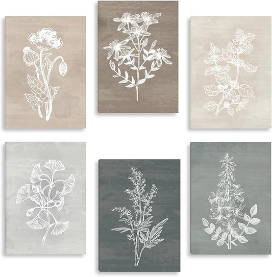 BINCUE Neutral Botanical Plant Canvas 6 Pieces Rustic Farmhouse Wall Art Natural Botanical Canvas Artwork Farmhouse Decor Boho Wall Art for Living Room Bedroom Bathroom Office 12"x 16"